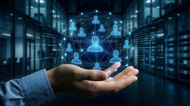 Futuristic Glowing Data Network Connecting Professional Profiles For HR