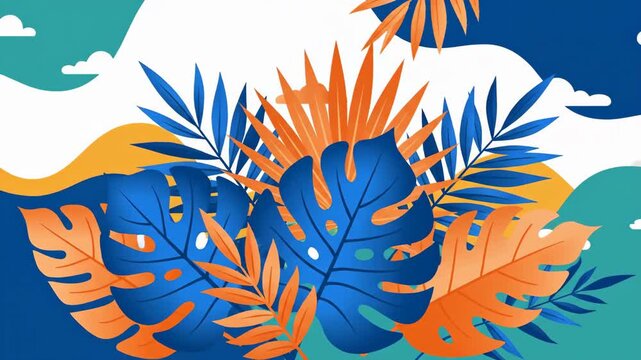 Tropical Monstera and Palm Leaves Swaying in Flat Design 4K Loop