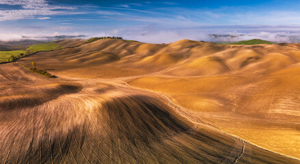 Fototapeta premium Rolling golden hills in Creta Senese, Tuscany landscape, Asciano, Italy.