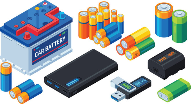 Car battery and portable power bank with alkaline batteries set, energy storage devices vector illustration, electronic power sources