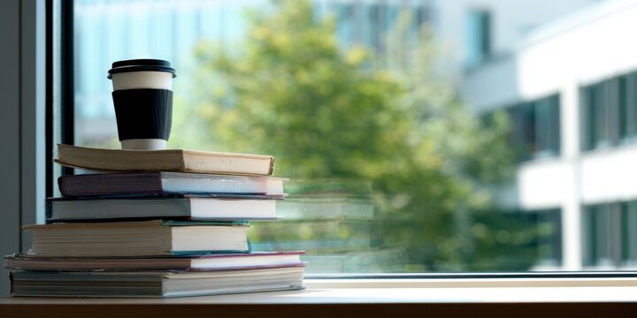 The coffee cup and stack of books on a bright office windowsill