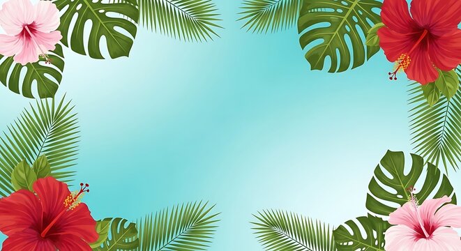 Hibiscus flowers and palm leaves border on light blue sky background