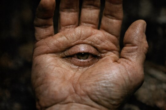 Human hand with an eye embedded in its palm, symbolizing intuition, inner vision, spiritual awakening and the power to perceive hidden truths and prophetic insight