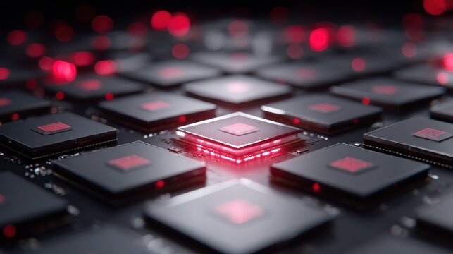Array of glowing electronic components illuminates dark circuitry in a close up view