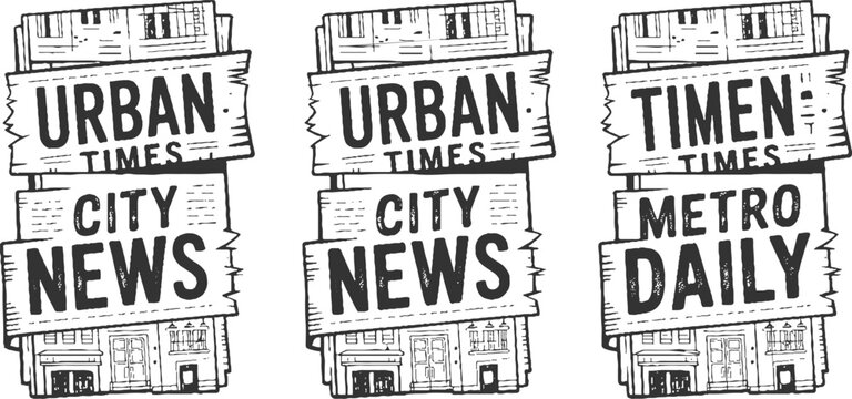 Three hand drawn newspaper mastheads urban times city news metro daily with buildings