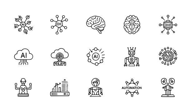 A set of minimalist line art icons representing artificial intelligence and automation concepts