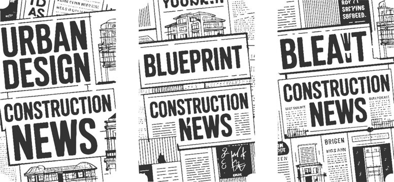 Three newspaper pages with headlines urban construction news blueprint construction news and bleat construction news