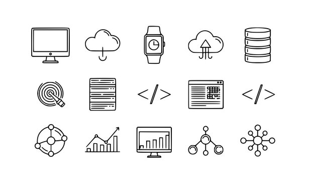 A set of modern line art icons representing technology and data analysis