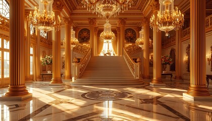 Obraz premium Opulent European-style mega mansion, majestic columns gilded with gold