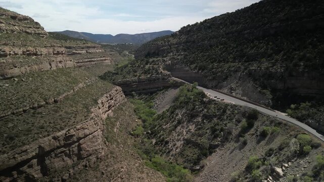 Aerial above Fresno Creek in canyon along Highway 82 in High Rolls New Mexico in high desert