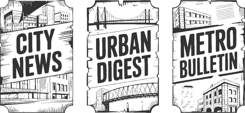 Three vintage style banners with cityscapes and text c i t y n e w s u r b a n d i g e s t m e t r o b u l e t i n