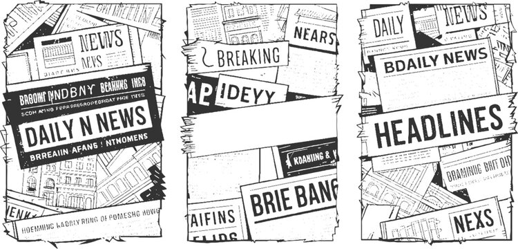 Black and white newspaper headlines and articles layered and overlapping in a collage style print