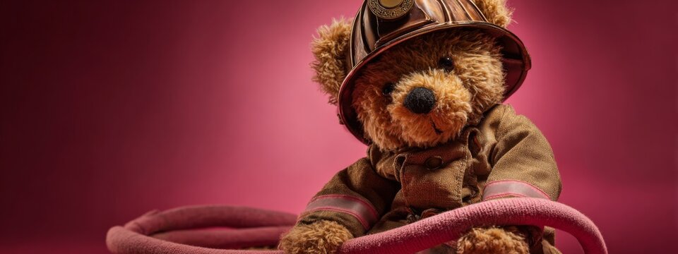Adorable Teddy Bear Dressed as a Firefighter with Helmet and Hose in a Studio Setting