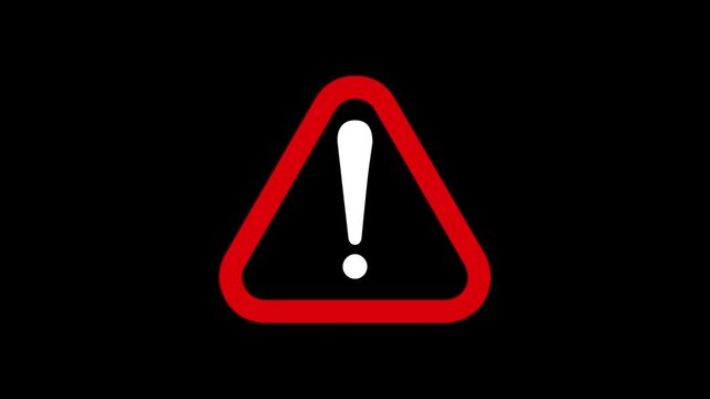 Red flashing warning sign icon on black background. Emergency alert symbol with blinking light animation. Warning triangle,Danger alert or system error notification.