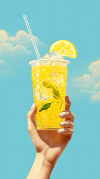 Hand holding a plastic cup of lemonade with ice and mint against a blue sky. Refreshing summer drink with lemon garnish. Vertical illustration of cold citrus beverage. Copy space for text