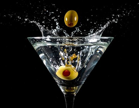 Close-up of martini glass with olive splash against a black backdrop