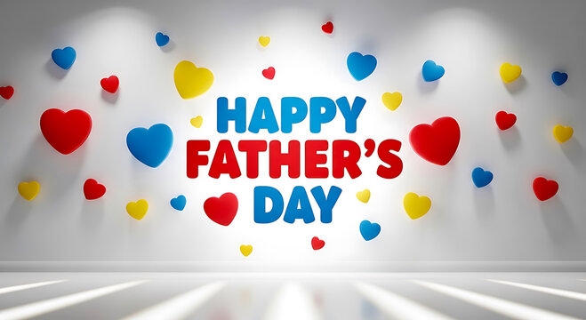 Happy fathers day greeting card with colorful floating hearts on white background