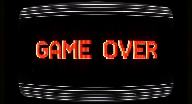 Retro pixelated game over screen on vintage arcade monitor with computer background technology entertainment