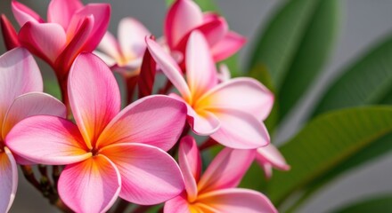 Obraz premium Close up pink and yellow plumeria flowers bloom on green leaf background.