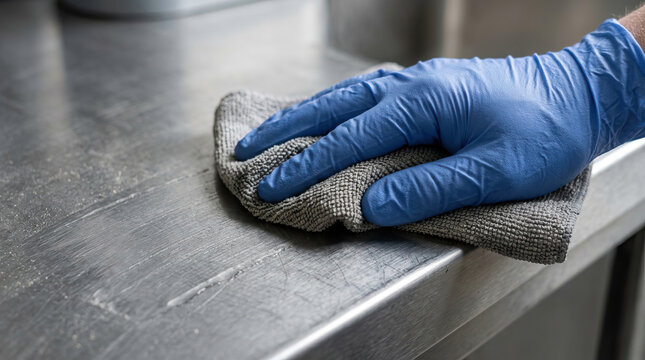 Close up of hand in blue glove cleaning and wiping stainless steel surface in kitchen. Diligent work focused on hygiene, sanitizing, and disinfecting for safety