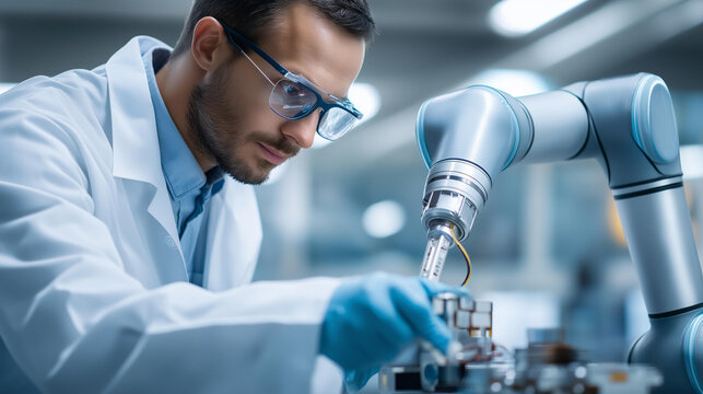 Robotics engineer performing diagnostics on a collaborative robot in an R&D laboratory, AI-driven cobot inspection, hardware and sensor check, technology professional, with copy space