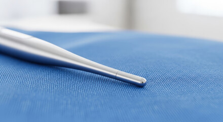 Silver medical thermometer probe on blue surgical gown close up macro clinical tool bright interior lighting