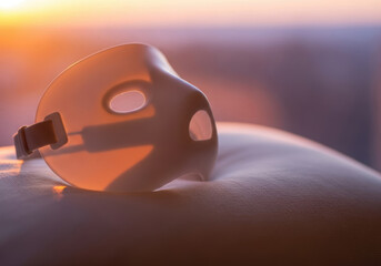 Clean white sleep apnea mask on plush pillow bathed in soft evening light conveying comfort recovery and hygiene