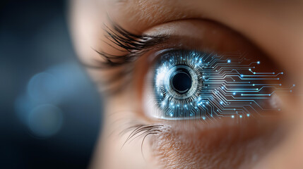 Eye with circuit board technology overlay, AI and digital transformation concept, human eye meets artificial intelligence, futuristic tech close-up, with copy space