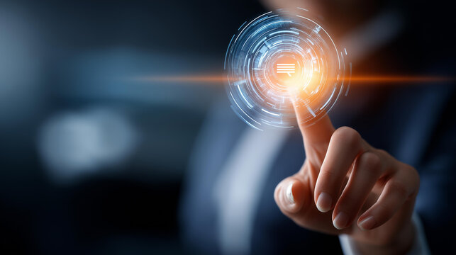 Glowing digital chatbot robot with speech bubble icon activated by a human finger touch, AI customer service concept, smart solution interaction, futuristic visualization, with copy space