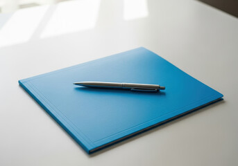 Blue medical folder pen on white desk under soft natural light, minimalist office scene with clear treatment feel