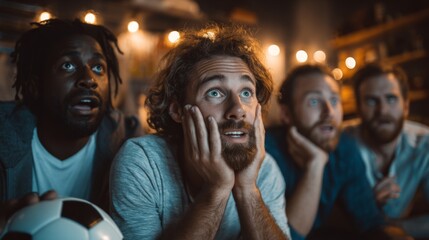 Obraz premium Group of Male Friends Emotionally Engaged While Watching Football Match at Home with Dim Lighting and Dramatic Expressions