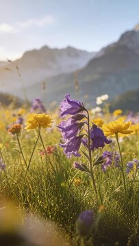 Low-angle camera pulling focus for nature film, revealing purple bellflower showing petal detail