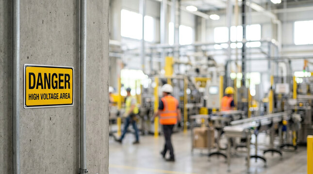 Cautionary danger sign with high voltage warning in an industrial factory workplace. safety sign indicates potential hazard from electricity near heavy machinery
