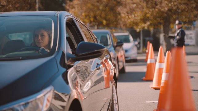 Focused shot of student driver carefully reversing into curbside space cones perfectly framing parking spot instructors hand signals visible background softly diffused.