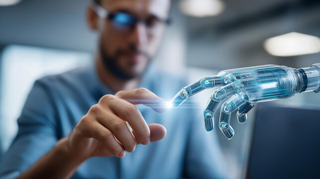 Futuristic office scene with a transparent AI holographic display panel between a human and a robotic arm, collaborative workspace of the future, human-machine synergy concept, with copy