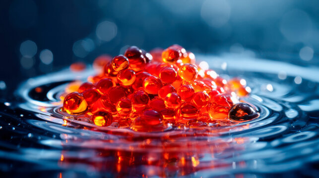 Macro view of red microalgae cells in water, glowing like translucent spheres in an abstract scientific composition