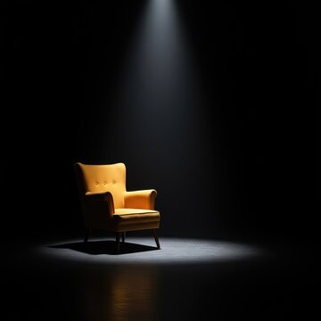 A single, elegant armchair sits empty in a spotlight on a dark, minimalist stage, emphasizing absence and expectation in the vacant space, chair, shadow, stillness