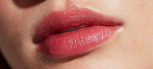 Fototapeta premium The Lips Closeup With Glossy Pink Lipstick and Soft Natural Skin Texture