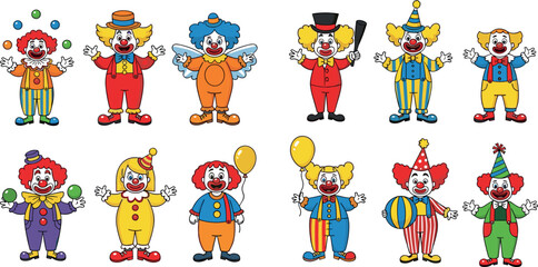 Fototapeta premium Cartoon Clown Character Set with Colorful Outfits, Props, and Fun Poses for Kids Entertainment, Circus Shows, and Party Decorations