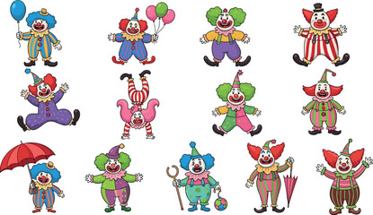 Fototapeta premium Cartoon Clown Character Set with Colorful Outfits, Balloons, Umbrella, and Fun Poses for Kids Party Decorations, Celebrations, and Circus Designs