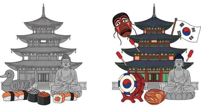 Korean Culture Clipart Set with Traditional Temple, Buddha Statue, Flag, Mask, Drum, and Korean Food Illustration Elements