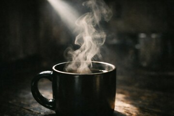 Fototapeta premium Hot coffee filling a ceramic mug and releasing delicate steam, creating a cozy and atmospheric scene on a dark rustic wooden background with a soft light beam