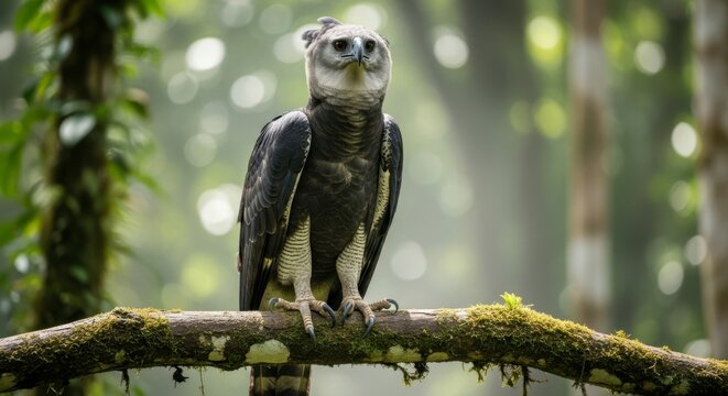 A majestic harpy eagle perched on a mossy branch in a lush rainforest with a blurred green background.