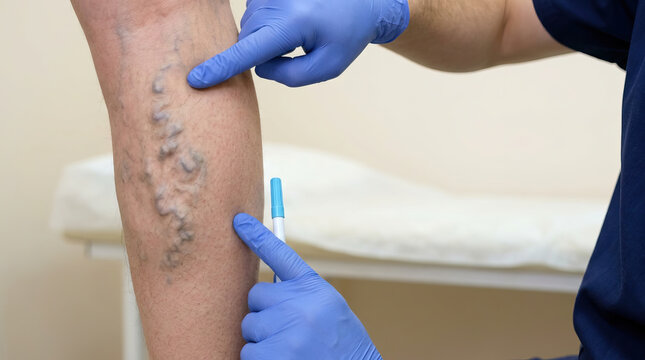 Doctor in medical clinic performs an examination on patient leg with varicose vein problem. Professional pointing during health consultation before treatment of swollen vessel