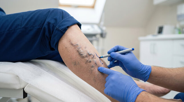Professional doctor in clinic marks patient leg before varicose vein surgery. close up medical examination showing vascular problem requiring specialized health treatment