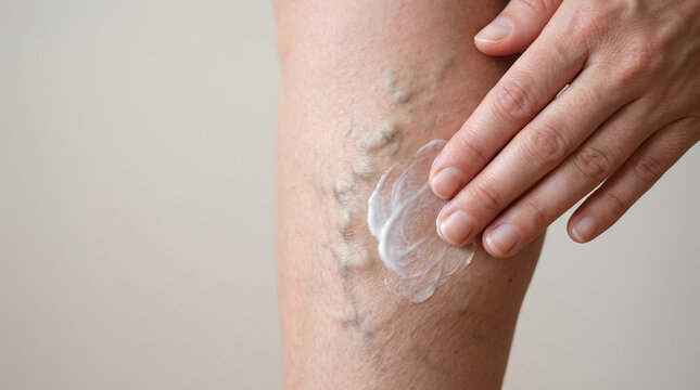 Woman with concern applying soothing cream for varicose veins treatment on her leg. This medical skin care therapy provides relief for painful vascular condition