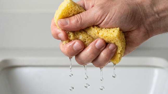 Powerful hand squeezing yellow sponge full of water over white sink. wet sponge dripping with water during thorough washing and clean represents effort and hygiene
