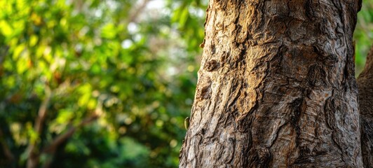 Fototapeta premium The Tree Trunk in Sunlit Forest with Textured Bark and Blurred Green Background