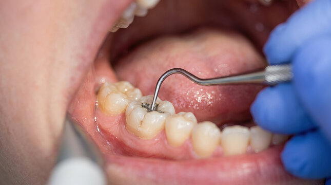Close up of dentist performing dental care and oral hygiene examination. professional using tool for tooth treatment inside patient open mouth for health
