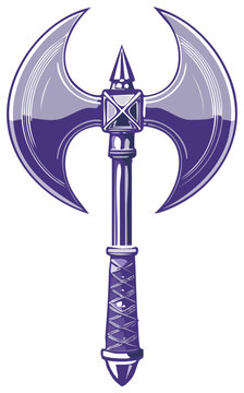 Stylized purple double-headed battle axe, a medieval fantasy weapon illustration